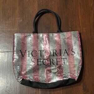 Victoria's Secret Pink Silver Stripe Sequin Bling Weekender Tote Bag